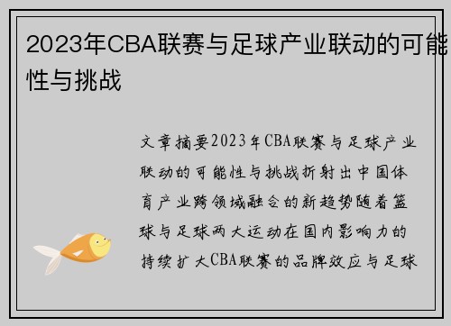 2023年CBA联赛与足球产业联动的可能性与挑战