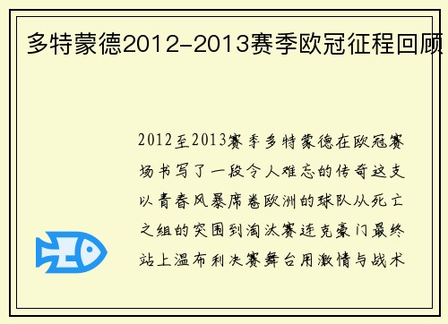 多特蒙德2012-2013赛季欧冠征程回顾